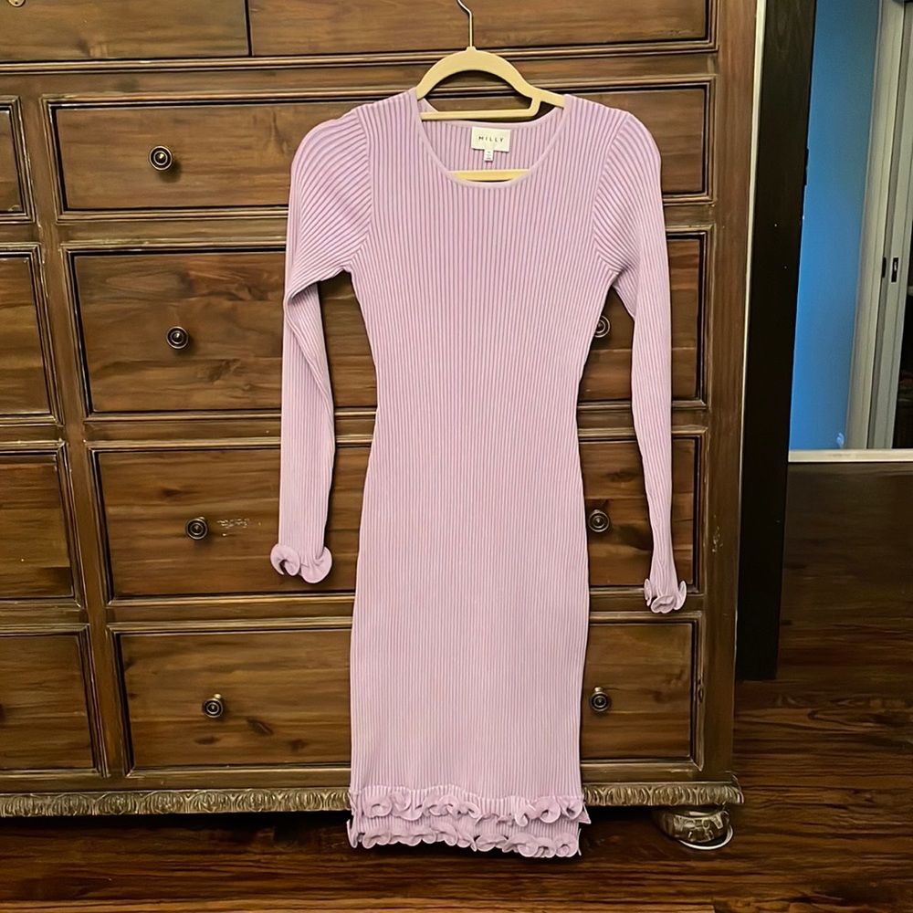 Milly lavender purple ribbed midi dress ruffle